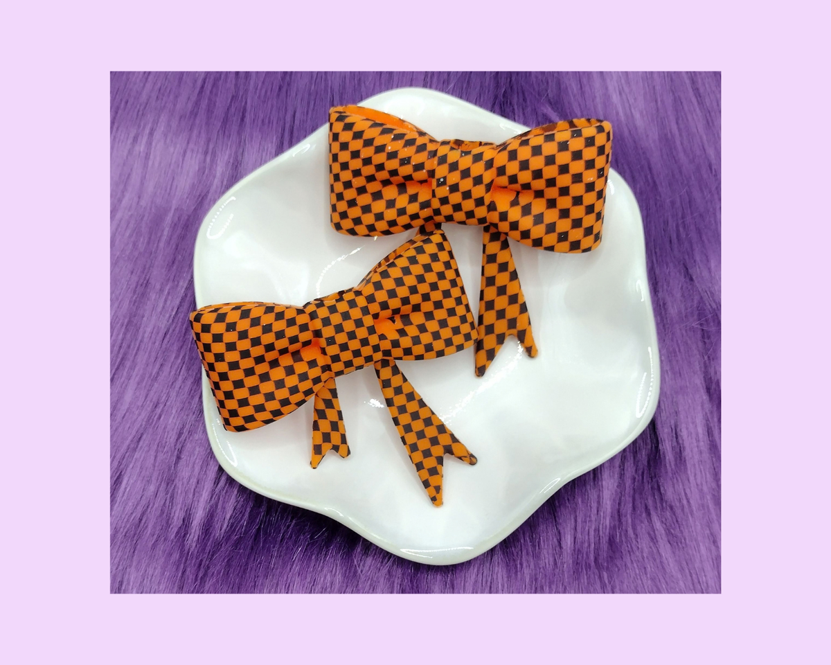 Orange and Black Checkered Bow Straw Topper